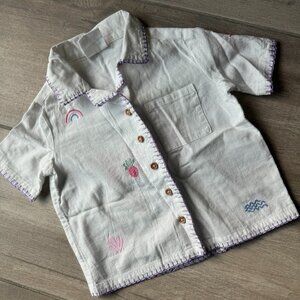Cotton On Kids Embroidered Graphic White Button Up Shirt, Size 2 years